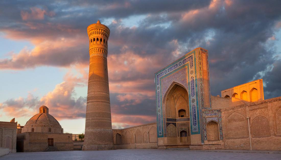 The Kalyan minaret and mosque complex at sunset, Bukhara