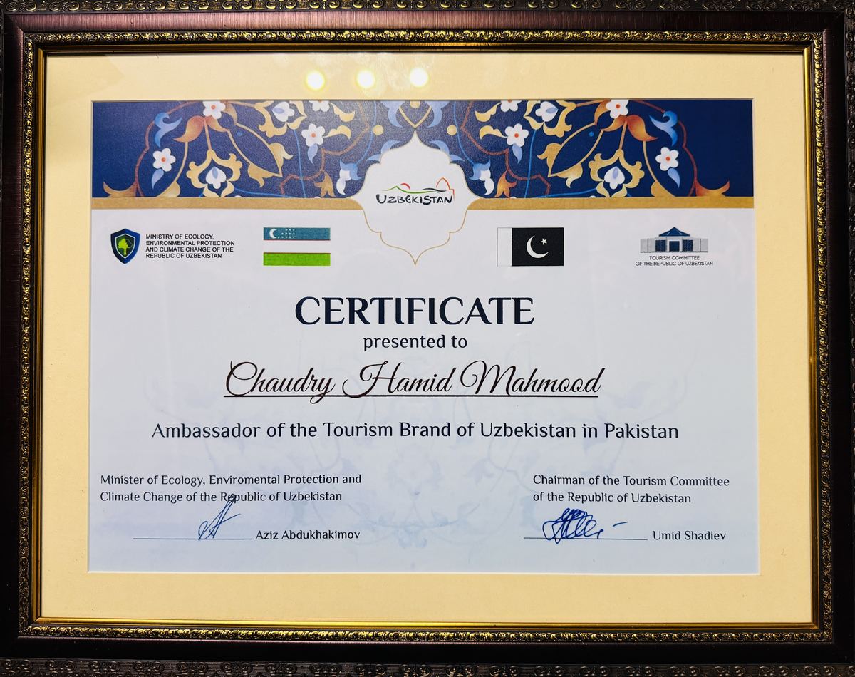 The framed certificate naming Chaudry Chaudhry Hamid Mahmood as Ambassador of the Tourism Brand of Uzbekistan in Pakistan